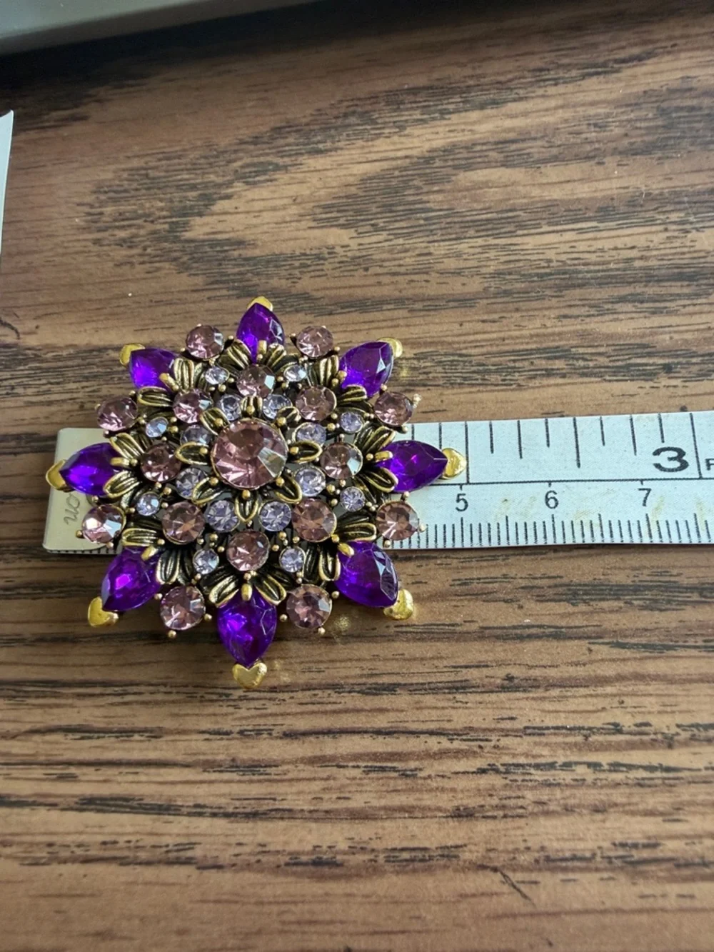 Gold-Tone Purple Crystal Sunflower Flower Statement Brooch with Rhinestones